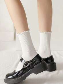 5 Pairs Women's Cute Ruffled Frilly Ankle Crew Socks, White And Black, Polyester Spandex Blend, Machine Washable, Fall Socks - Multicolor - View 4