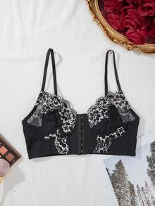 1pc Wireless Bra With Lace Patchwork And 5-Row Hook Design