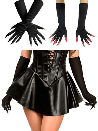 1 Pair Vintage Polyester Halloween Party Long Fingernail Witch Gloves, Hollowen Cosplay Long Claw Gloves Performance Props, All Season