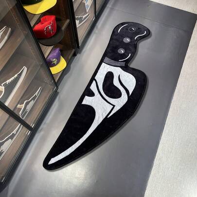 1 pieza Alfombra con diseño de cara de fantasma blanco y negro, alfombra antideslizante asimétrica de estilo gótico con partículas en forma de cuchillo, adecuada para sala de estar, dormitorio, baño, lavandería, baño, entrada, cocina, sala de juegos, pasillo, patio, decoración de temporada para el hogar de terror y divertida