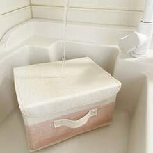 1pc Foldable Linen CD Storage Box, Collapsible Storage Bin With Lid, Toy Organizer Basket, Laundry Hamper - White - View 6