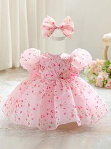 Baby Girls V-Neck Floral Organza Princess Dress, Suitable For 1st Birthday Party, Random Floral Fabric Cut