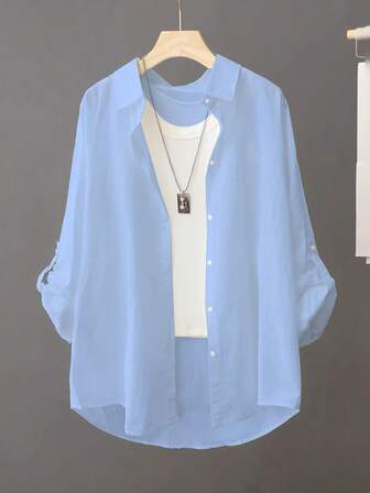 休闲纯色轻质长袖衬衫，百搭外套