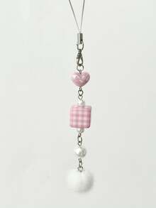 1 pieza Accesorio de cordón de teléfono estilo coreano Ins nuevo para mujer, colgante de llavero de pompón a cuadros lindo, bolso con forma de corazón/Phone Correa colgante