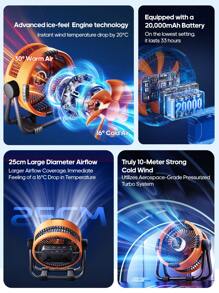 kinscoter 1 件可充电 20000mAh 六合一便携式露营台扇电动台扇降温海滩旅行配件户外空气冷却器空气循环器带挂钩和 LED 灯 - 彩色 - 查看 3