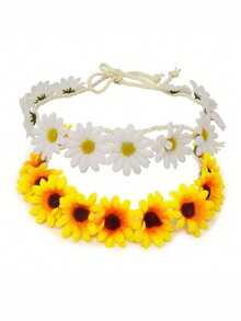 2 piezas Corona de flores de girasol y margarita, diadema de corona floral bohemia, accesorios para el cabello de novia hippie, adecuado para fiesta hawaiana, playa, sesión de fotos, fiesta y decoración de festival