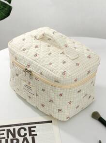 1 Stück weiße gesteppte Reißverschlusstasche mit kariertem Blumenmuster Make-up Tasche, modisch und lässig große Kapazität tragbare Reißverschluss Make-up Taschen, Reise- und Urlaubsutensilien Kosmetiktaschen für Binden, Slipeinlagen, Kabel-Kopfhörer, Ohrhörer, Kopfhörer, Ladegerät, Lippenstifte, Kosmetika, Parfüm, Pflegeprodukte, Heimdekoration, für Mütter, Frauen, Krankenschwestern, Studentinnen, Schulkinder, Schlüssel, Urlaubsgeschenke