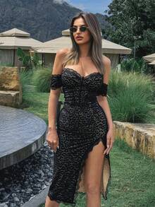 CurvySweet Sexy Fashion Black Leopard Lace High Slit Back Cross Spaghetti Straps Lace Stitching Midi Dress With Build-In Bra,Graduation White Dress,For Evening Date,Party,Festival,Anniversary,Nightclub,Vacation,Beach,Wedding,Christmas
