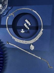 1pc Glamorous Sparkling Crystal Zirconia Flower Pendant Necklace + 1 Pair Simple Teardrop Zirconia Pendant Earrings + 1pc Personalized Open Ring + 1pc Adjustable Full Zirconia Bracelet, 5pcs Fashionable, Elegant And Versatile Jewelry Set Suitable For Daily Wear, Banquet, Campus, Party, Girls' Birthday Gift, Ideal For Teenagers