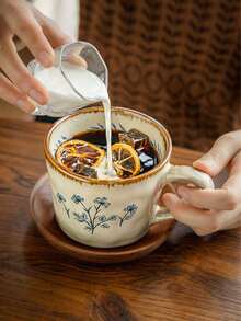 1pc Vintage Floral Mug - Elegant Beige, Brown And Blue Floral Design - Scratch-Resistant Durable Ceramic Coffee Cup - Dishwasher Friendly - Office, Home, Party Drinkware - Birthday, Christmas, Wedding Gift - Antique Style Tableware, Classic Beverage Container, Durable Office Supplies