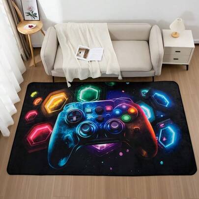 Galaxy Gaming Area Rug - Neon Geometric Game Controller Design, 100% Polyester Non-Slip Rubber Backing, Machine Washable Large Mat, Suitable For Bedroom, Gaming Room, Living Room - Gamer Decor, Gaming Room Decor Bathroom Kitchen Decor Kitchen Rug
