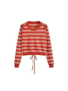 Stylish Off-Shoulder Red Striped Fitted Sexy Knit Tops (Stripe Pattern Random) - Red - View 6