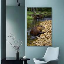 Framed Beaver Building A Dam With Wood Chips,  - Contemporary Wall Art For Living Room, Bedroom, Office, Dining Room, Bar - Unique Wildlife Decor, Perfect Gift Idea, Indoor Wall Decor|Natureinspired Design|Highquality Print, Beaver Decor
