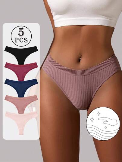 5pcs Women G-String Sexy Thongs High Elastic Panties Seamless Knickers Soft Underpants Solid Color Underwear Low-Waist Panty Simple Lingerie