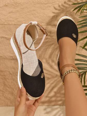 Plus Size Women's New Buckle Decor Fashion Color Block Slip-On Linen Rope Elegant Wedge & Platform Sandals