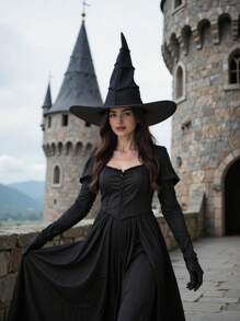 1pc New Pleated Black Witch Hat, Adult Halloween Wizard Costume Accessory - A - View 6