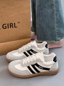 Women's Multifunctional Fashion Casual Shoes, Flat Lace-Up Round Toe Casual Sneakers, Black & Beige Color Block, Daily Matching Shoes, Casual Shoes Size 36-42, Fashionable - Black and White - View 1