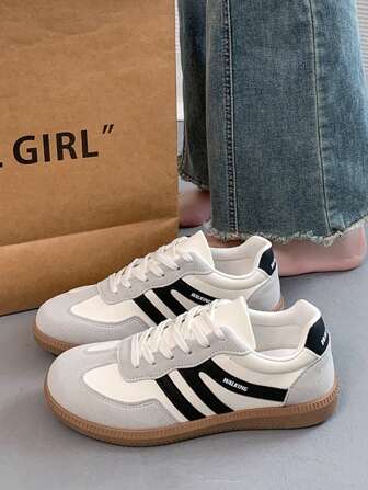 Women's Multifunctional Fashion Casual Flat Non-Slip Lace-Up Round Toe Rubber Sole Leisure Sneakers, Black And Khaki Color-Blocking, Daily Match, Comfortable Casual Shoes, Size 36-41, Fashionable Sneakers