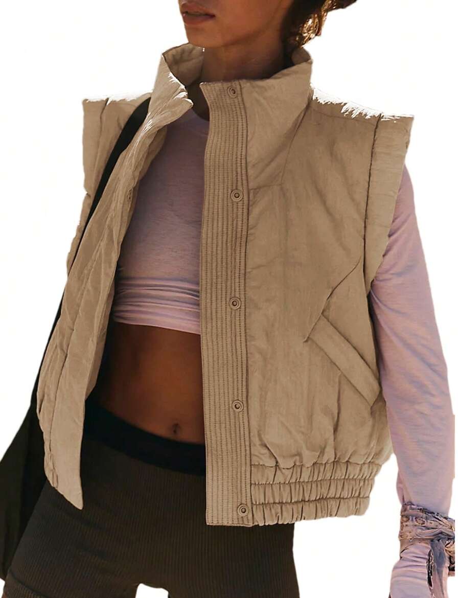 Womens Puffer Vest Cropped Lightweight Button Down Quilted Vest Sleeveless Padded Gilet Coat With Pockets - 卡其色 - 查看 1