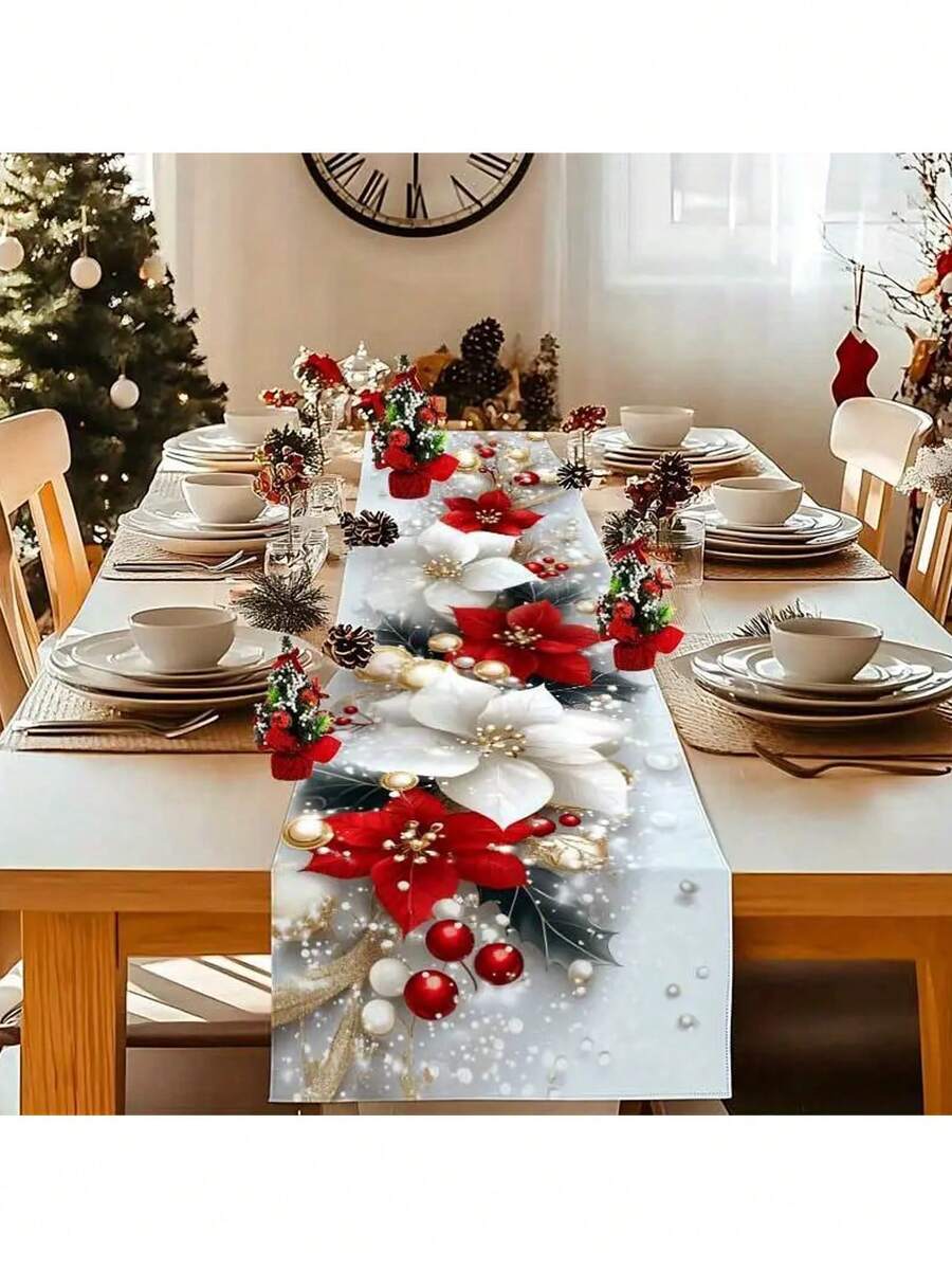 1 buah Taplak Meja Dekoratif Natal, Taplak Meja Motif Bunga Natal, Alas Meja, Dekorasi Meja Natal, Dekorasi Dapur dan Ruang Makan Persegi Panjang, Cocok untuk Pesta Liburan di Dalam dan Luar Ruangan, Dekorasi Natal, Dekorasi Meja Makan - MultiWarna - View 1