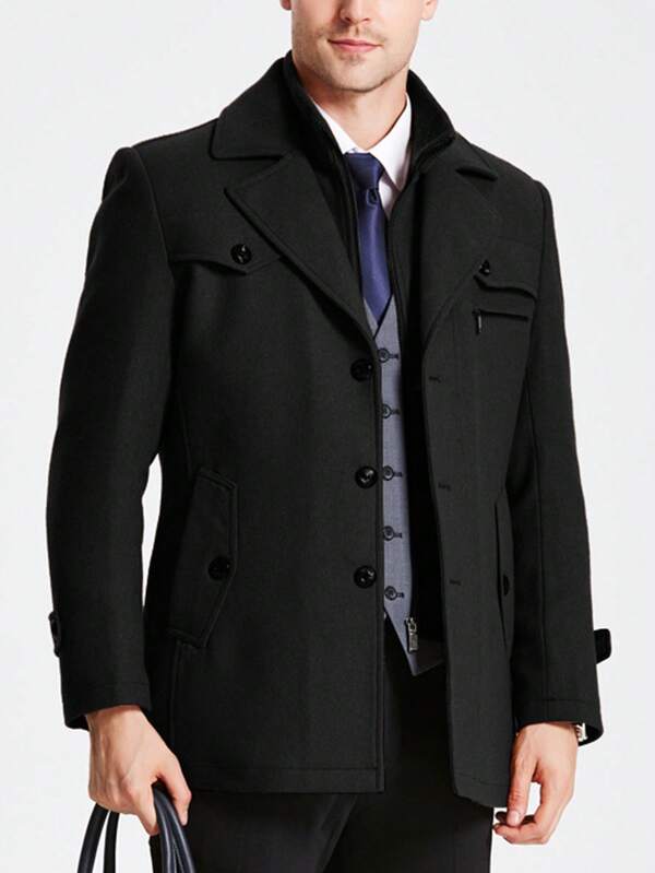 Men's Solid Color Detachable Ribbed Collar Single-Breasted Wool Blend Overcoat, Simple Commuter Jacket For Autumn/Winter