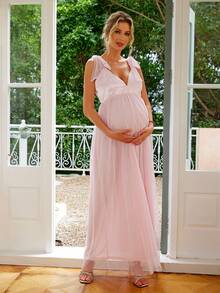 Joyfunear 孕妇装夏季简约V领系带肩网眼拼布连衣裙 - 粉色 - 查看 1