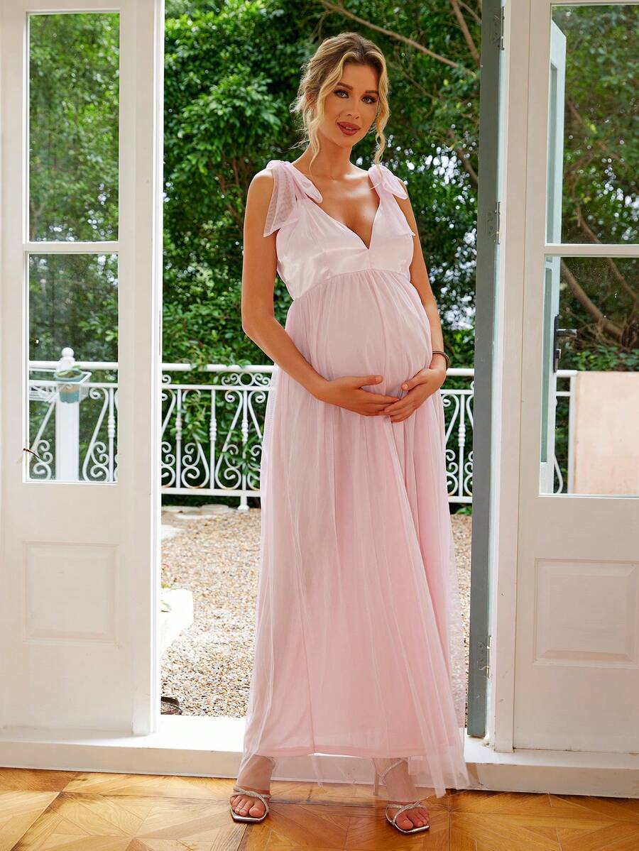 Joyfunear 孕妇装夏季简约V领系带肩网眼拼布连衣裙 - 粉色 - 查看 1