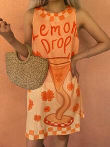 Sea Starshine Bohemian Summer Beach Casual Vacation Comfort Women's Lemon Cup Letter Clashing Plaid Leaf Pattern Sleeveless Dresses Brunch Outfits For Women