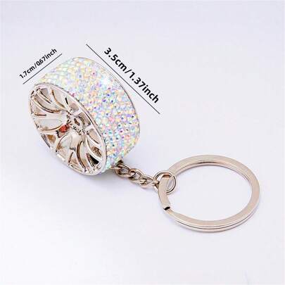 AD 1pc Bling Crystal Zinc Alloy Car Key Chain, Car Wheel Shaped Keychain Accessory
