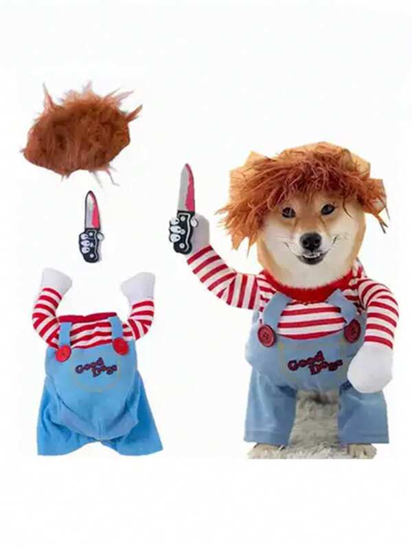 1 Pieza, Disfraces divertidos para mascotas, Ropa de gato y perro sosteniendo un cuchillo, Halloween, Día de los Inocentes, Una peluca gratis