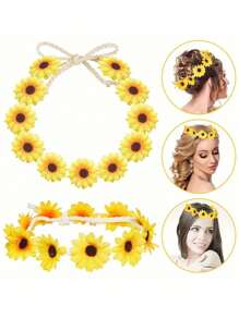 2 piezas Corona de flores de girasol y margarita, diadema de corona floral bohemia, accesorios para el cabello de novia hippie, adecuado para fiesta hawaiana, playa, sesión de fotos, fiesta y decoración de festival