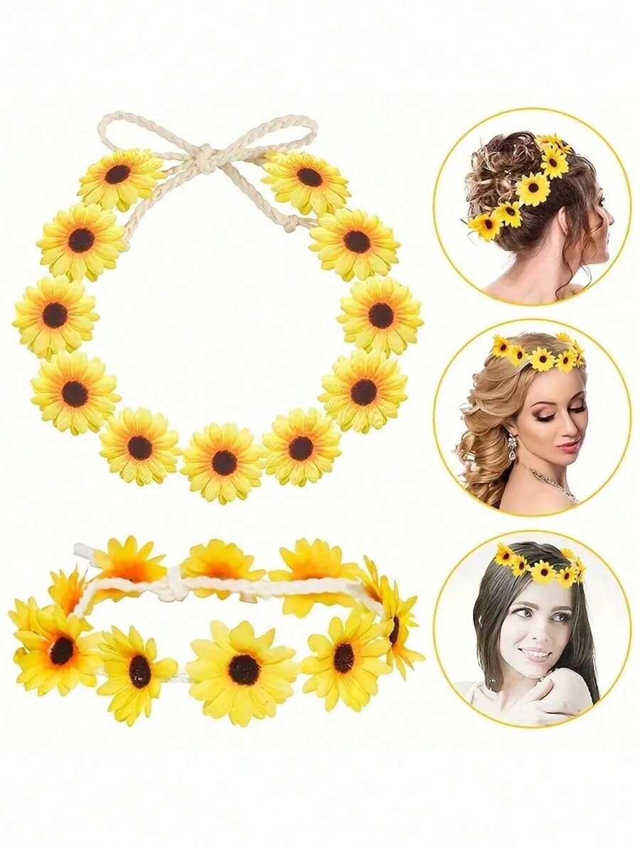 2 piezas Corona de flores de girasol y margarita, diadema de corona floral bohemia, accesorios para el cabello de novia hippie, adecuado para fiesta hawaiana, playa, sesión de fotos, fiesta y decoración de festival