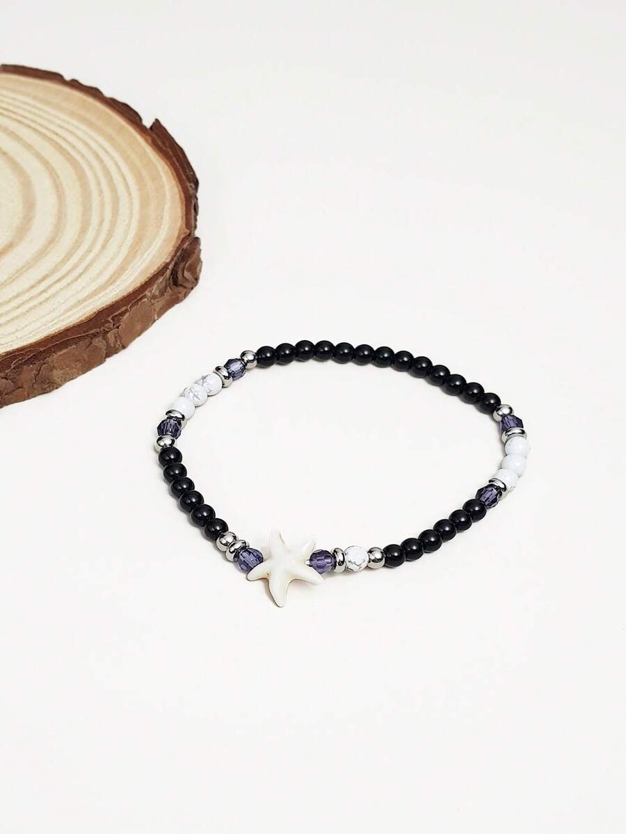 1 件简约波西米亚深色风格黑色玻璃珠、绿松石、海星弹性脚链和手链，适合女士日常佩戴和度假 - 彩色 - 查看 1