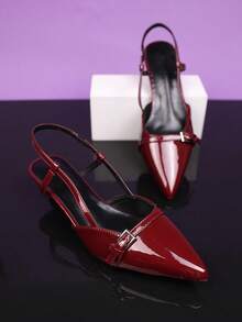 1 Pair Burgundy Glossy Leather Pointed Toe Sandals With 3cm Thin Heel For Teens, Suitable For Party, Shopping, Travel And Vacation, Summer New Arrival - Red - View 5