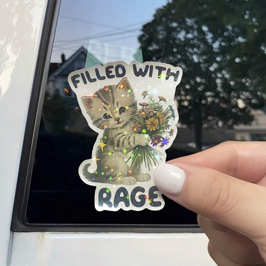 幽默“愤怒”猫贴纸 - 精力充沛的小猫拿着花束，俏皮有趣的设计，适用于笔记本电脑、水瓶、笔记本、可重复使用的乙烯基贴纸、易于剥离和粘贴的笔记本电脑配件、可爱的贴纸、学校用品、返校 - 彩色 - 查看 1