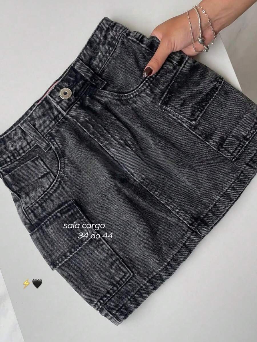 Graphite Cargo Denim Skirt With Side Pockets - Gris - Ver 1
