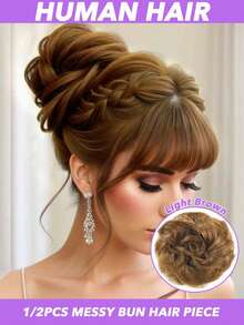 1/2PCS Messy Bun Hair Piece Human Hair Wavy Stretchy Real Human Hair Scrunchies Hair Bun Donut Elegant Chignon With Elastic Rubber Band Human Hair Tousled Updo Extension Elegant Human Hair Buns #Black #Natural Black Dark Brown Light Brown Multicolor