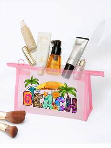 粉色网眼托特包和小包套装，带有海滩风格彩色字母印花设计，便携式化妆包和休闲收纳手提包，透明收纳包，护肤包，洗漱包，女士沙滩手提包，婚礼伴娘礼物，母亲礼物，生日礼物，送给朋友和老师的最佳礼物，浴室收纳盒，返校季和毕业季必备品，适合学生、返校和教师
