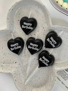 5支黑色心形生日快乐派对蛋糕蜡烛 - 黑色 - 查看 9