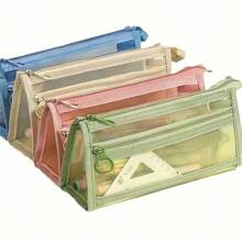 Estuche de lápices con malla a cuadros Morandini, con asa y cremallera, estuche de lápices de doble capa transparente, bolsa de cosméticos de viaje, bolsa de almacenamiento de papelería transparente linda, adecuada para adultos, oficina, universidad, útiles escolares, de vuelta a la escuela