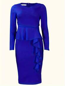 Stylish Elegance Plus Size Commuter Pencil Dress - Blue - View 3
