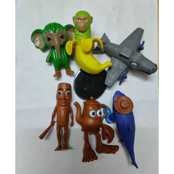 1 Set Of 6 Creative Shanhaijing Figurines, Shark & Wooden Stick Man Desk Decor Toys (Base Needs Assembly), Product May Have Slight Scratches Or Fading, Buyer Discretion Advised