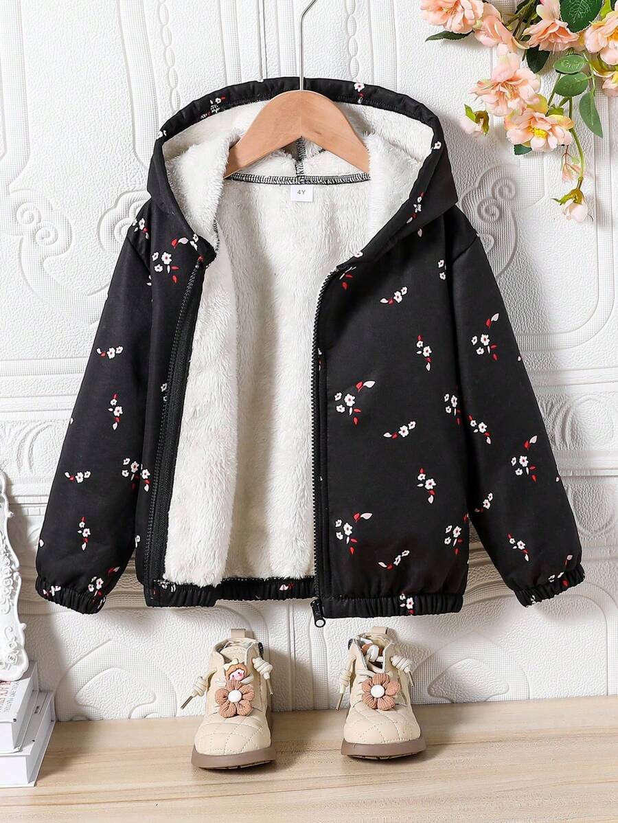 Toddler Floral Print Warm Hooded Jacket - Black - View 1