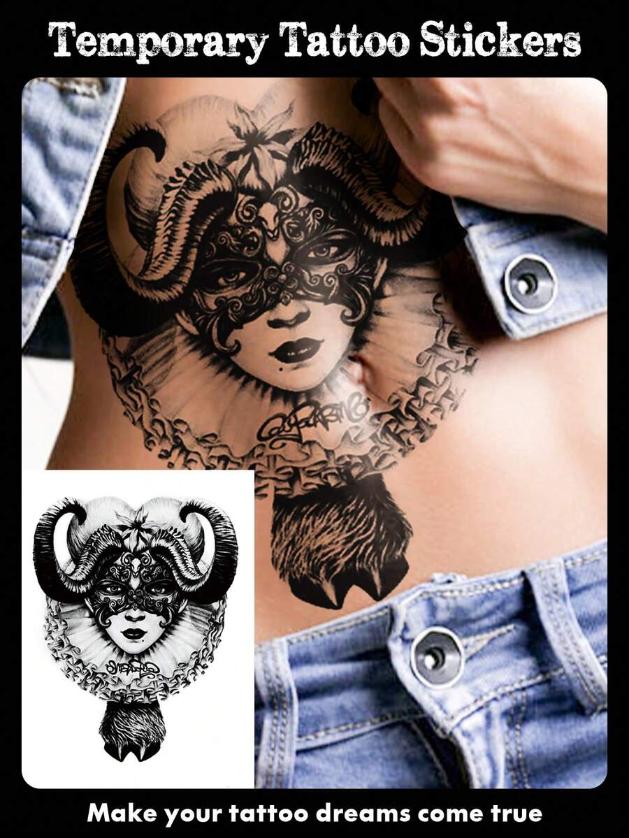 1pc Dark And Charming Mysterious Lace Mask With A Witch Pattern, Waterproof, Temporary Imitation, Real Or Fake, Can Be Applied To Arms, Wrists, Shoulders, Waist, Body Art, Fake Tattoos, Suitable For Both Men And Women, Suitable For Role-Playing Props, Suitable For Makeup Parties And Parties - Black - View 1