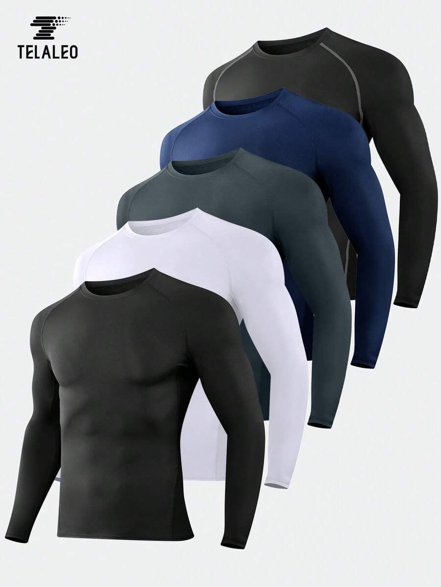 TELALEO 5 Packs Boyfriend Style Men's Compression Fit Shirts Long Sleeve Athletic Workout Rash Guard Sports Undershirt Base Layer Top - 彩色 - 查看 1