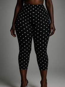 Women Dot Print Capri Pants, Elastic High Waist Cropped Leggings For Work, Yoga, Daily Wear - 黑色 - 查看 5
