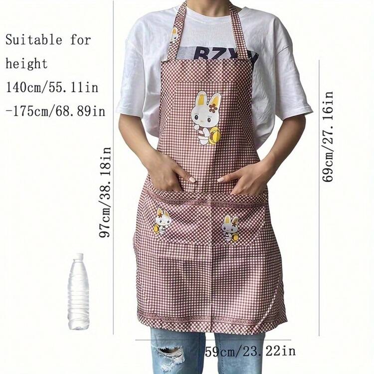 Plaid Rabbit Apron - Brown Cartoon Pattern Kitchen Apron, Lightweight Breathable Absorbent, With Practical Pockets, Suitable For Baking, Grilling, Cleaning, Adjustable Neck & Waist Straps - Thoughtful Gift For Mom/Girlfriend, Mother's Day Gift, Kitchen Accessory, Affordable Apron, Suitable For National Day, Parties, Gatherings, Bars, Restaurants, Hotels, Halloween, Etc. - Multicolor - View 4