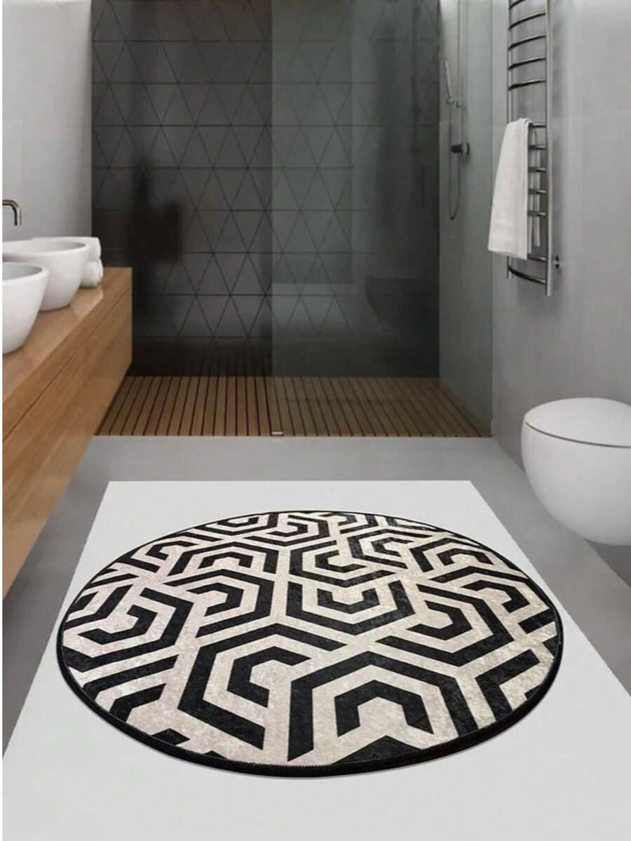 Made In Turkey - CHILAI HOME 100 Cm Round Bathroom Rug | 100x100 Cm| 100% Polyester, Non-Slip, Washable Bath Mat - Black and White - View 1