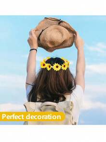 2 piezas Corona de flores de girasol y margarita, diadema de corona floral bohemia, accesorios para el cabello de novia hippie, adecuado para fiesta hawaiana, playa, sesión de fotos, fiesta y decoración de festival