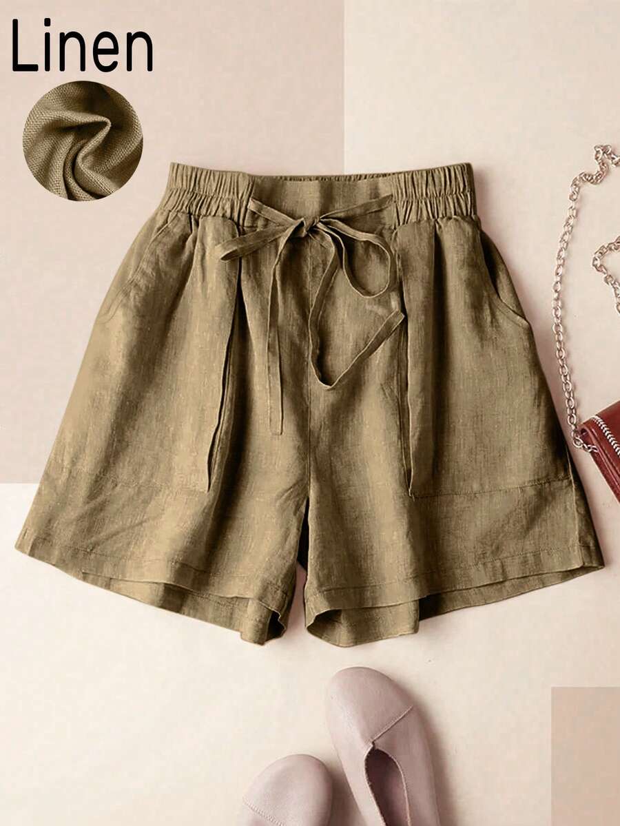 Pantalones cortos casuales de lino con cintura, bolsillos y cordón para mujer, primavera/verano - Camel - Ver 1